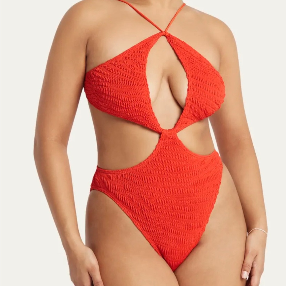 bond-eye Red Textured Cutout One-Piece Swim